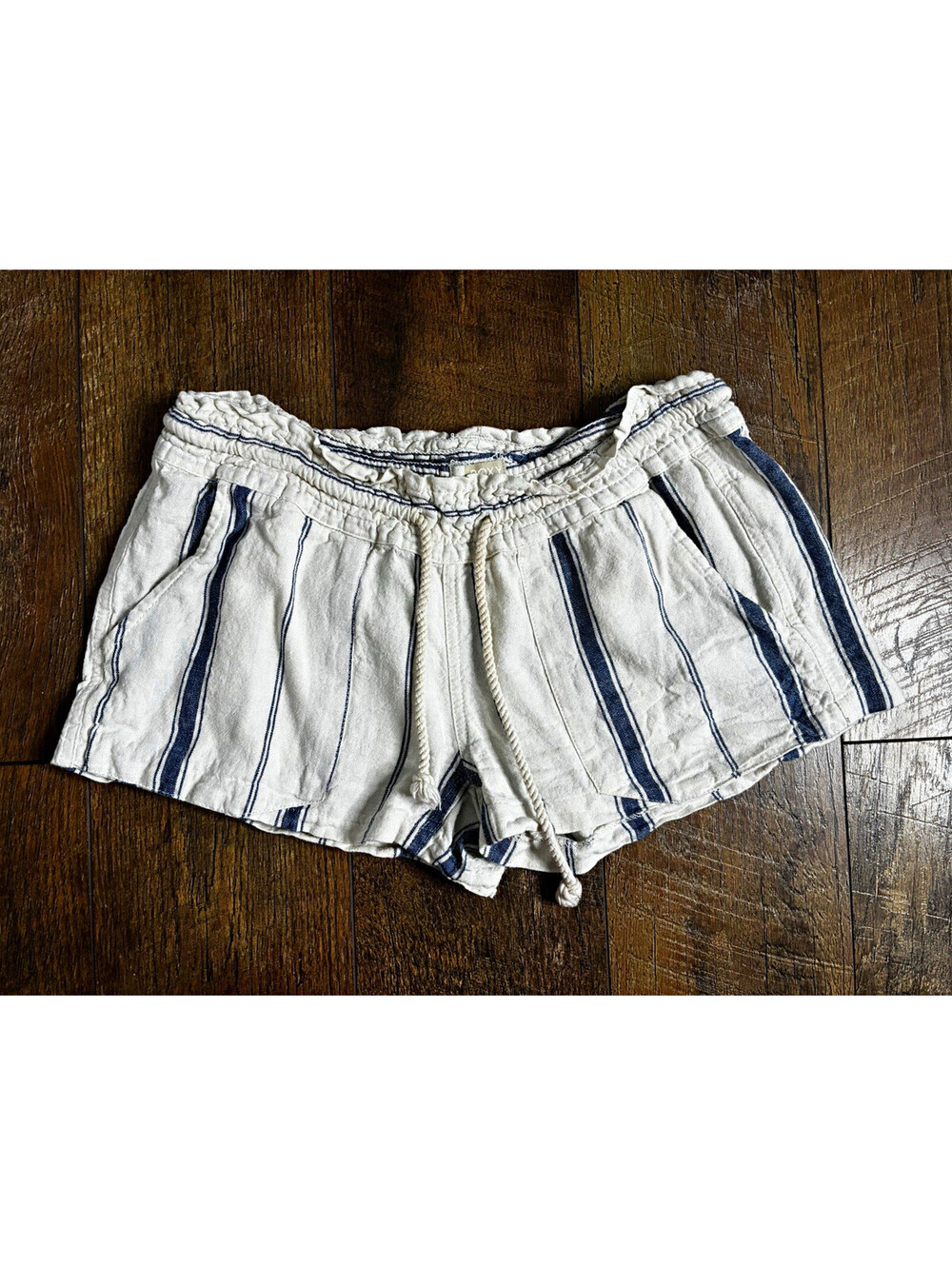 Roxy Women's Oceanside Blue White Striped Linen Blend Drawstring Shorts Medium